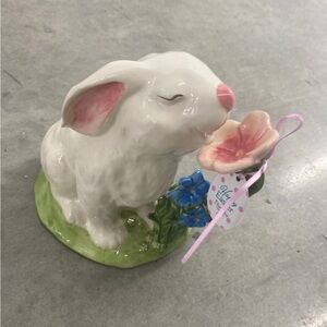 Blue Sky Clayworks Ceramic Bunny Rabbit Figurine with Flowers - Brand new